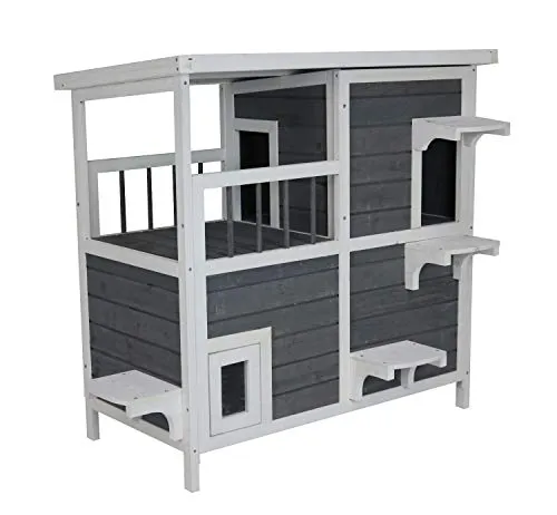 SunnyDeals großes Katzenhaus grau-weiß | Katzenhütte über 2 Etagen | Katzen Holzhaus 87 x 45 x 90,5 cm |große Katzenhöhle