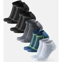 LOW-CUT LAUFSOCKEN FÜR LANGE DISTANZEN - 5-Pack - Schwarz/Grau | Grau/Schwarz | Blau/Gelb | Weiß - 39-42 - Sportsocken für lange Distanzen, atmungsaktiv und schweißableitend, mit zusätzlicher Dämpfung und Fußgewölbekompression für maximalen Komfort und Schutz vor Blasen.
