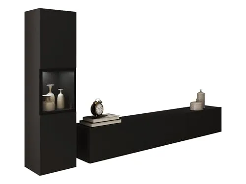 Mirjan24 Wohnwand Bentlor I, Mediawand, Schrankwand, im Set Vitrine, TV-Lowboard, Anbauwand kann aufgestellt BZW. aufgehängt Werden (Schwarzer Graphit, mit weißer LED Beleuchtung)