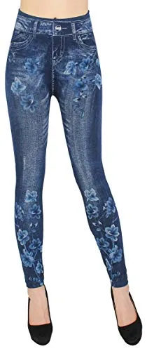 dy_mode Damen Thermo Leggings Thermohose mit Innenfutter - WL027 (36/38 - S/M, WL098-Blumenmeer)