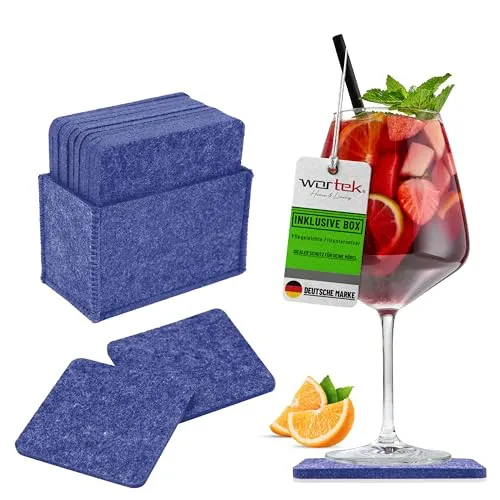 wortek Filzuntersetzer eckig für Gläser – 10er Set mit Aufbewahrungsbox, Glasuntersetzer für Getränke, Tassen, Bar, Glas - Ø 10cm Tischuntersetzer Untersetzer Gläser Blau