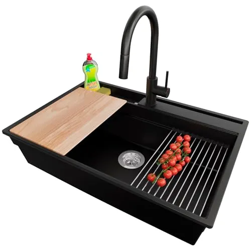 PRIMAGRAN Granitspüle Schwarz 78x53cm, Spülbecken 1 Becken + Küchenarmatur 40x20cm + Zuberhor-Set, Küchenspüle ab 80er Unterschrank - Oslo Pocket S346