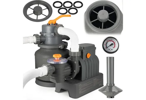 COIL Pool-Filterpumpe Sandpumpe - Effiziente Sandfilterpumpe für Pools bis 35 m³, mit 8705 l/h Pumpenleistung und 250W. Komplettset mit Schläuchen und eingebauter Uhr für einfachen Betrieb.
