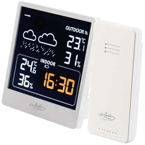 infactory Temperaturstation: Wetterstation mit Außensensor, VA-Farbdisplay, Wetterprognose, weiß (Wetterstation Funk mit Außensensor, Funk Farbdisplays, Wetter)