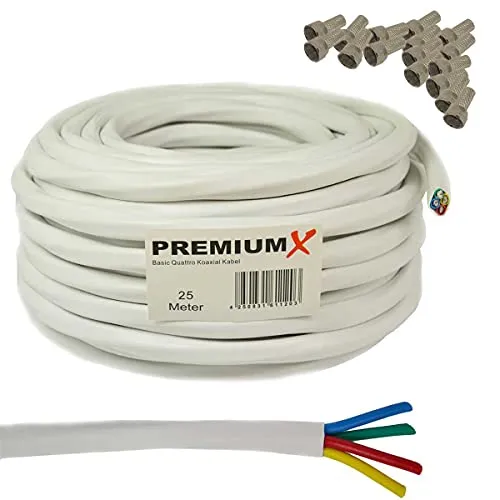Premium X 25m Quattro Quad Koaxial SAT Kabel 90dB - HiFi-Kabel mit 4-fach geschirmten Leitungen für optimalen Signalübertrag. Inklusive 16 F-Steckern für schnelle Montage, ideal für Verbindungen zwischen LNB und Multischalter.