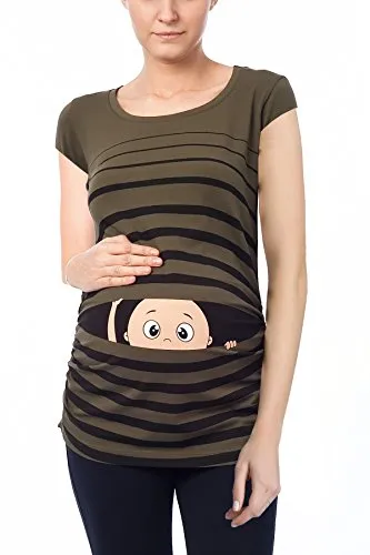 Witzige süße Umstandsmode T-Shirt mit Motiv - Kurzarm (Khaki, Large) - T-Shirt für Schwangere mit seitlichen Raffungen, modisch und bequem, ideal als Schwangerschaftsgeschenk.