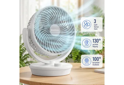 ATEROLL Tischventilator – Leiser Ventilator mit 100° Oszillation & 130° Neigung - Der ATEROLL Tischventilator sorgt mit 6 Geschwindigkeitsstufen für erfrischende Luftzirkulation. Ideal für Schlafzimmer, Büro oder Küche, bietet er energieeffiziente Kühlung und ist einfach zu reinigen.