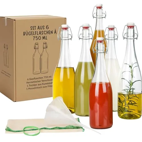 6er Set Bügelflaschen 750ml Glasflaschen mit luftdichtem Bügelverschluss | Gär-Set Fermentation & Getränke | Inkl. 10 cm Trichter, 50x50 cm Tuch, Porzellanklemme | Ideal für Kombucha & Saft