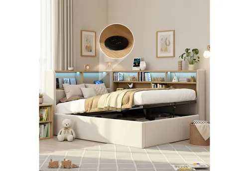 Daybett 90x200 cm mit Stauraum und LED, Samt, beige - Praktisches Polsterbett mit hydraulischem Stauraum für Bettwäsche und Spielzeug. Integrierte Staufächer und sanfte LED-Lichtleisten sorgen für Ordnung und Atmosphäre im Kinderzimmer. USB-Anschlüsse für bequemes Laden.