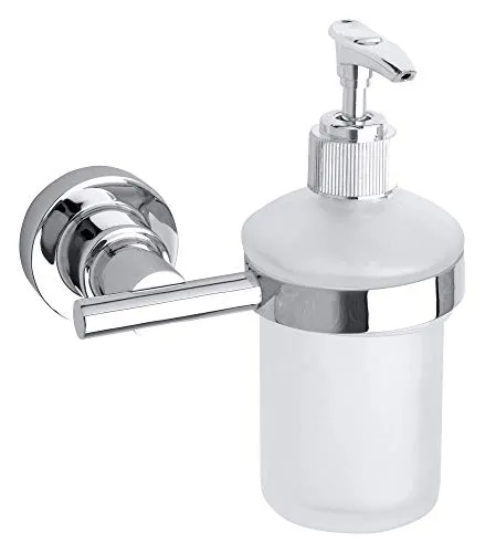 tesa LUUP Seifenspender-Set, satiniertes Glas und verchromter Edelstahl - Flüssigseifenspender zur Wandbefestigung ohne Bohren, inkl. Klebelösung - 125mm x 155mm x 100mm