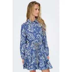 ONLY Damen Kleid in Blau/Weiß, Größe M - Damen Kleid von ONLY in A-Form mit Paisley-Muster, aus 100% Baumwolle. Perfekt für einen lässigen Look mit puffärmel und abnehmbarem Gürtel.