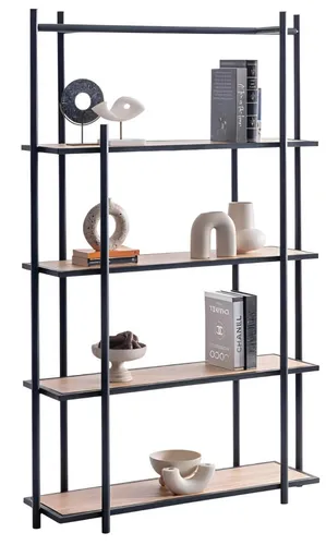 Modernes Bücherregal mit schwarzem Metallrahmen und Holzregalen - Stilvolles Bücherregal mit 4 Regalfächern, ideal für Ihr Wohnzimmer. Hochwertige Materialien und modernes Design sorgen für eine elegante Aufbewahrungslösung.