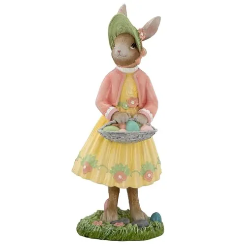 große Deko Hasen Figur Kunststein 40.3 cm - stehende Osterdeko Hasen Frau mit Eierkorb bunt gegleidet mit Blumenstrauß - XXL Polyresin Osterhasen Frühjahresdeko zum hinstellen