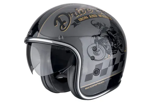 Scorpion Belfast Evo Drive Fast Jethelm - Grau/Schwarz/Gold - M - Stilvoller Jethelm mit Retro-Charme und modernem Design. Ultra TCT™ Außenschale für hohe Sicherheit, komfortables Innenfutter und integriertes Sonnenvisier für besten Fahrkomfort.