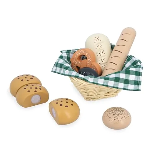 Janod J06645 Holz Bäckereikorb-Viennoiseries Korb-6 Realistische Dinette Zubehör-Ideale Ergänzung zur Kinderküche-Fördert die Vorstellungskraft-Ab 3 Jahre-J06645, Rot