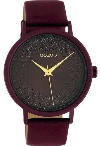 OOZOO Quarzuhr C10584 - Damenuhr mit rotem Lederarmband - Elegante Damenuhr mit analoger Anzeige und spritzwassergeschütztem Design. Das bordeauxfarbene Gehäuse und das weinrote Zifferblatt verleihen ihr einen besonderen Look.