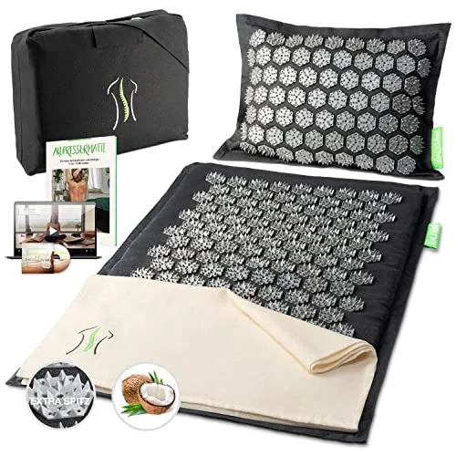BACKLAXX ® Akupressurmatte mit Kissen für Fortgeschrittene - Massagegeräte: Effektive Stimulation zur Linderung von Verspannungen und Schmerzen, fördert die Durchblutung und das Wohlbefinden mit umfangreichem Zubehör.