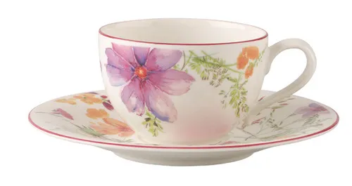 Villeroy & Boch Mariefleur Basic Frühstückstasse mit Unterteller, 2-tlg - Thermobehälter, stilvolles Design mit floralen Motiven, ideal für ein elegantes Frühstückserlebnis