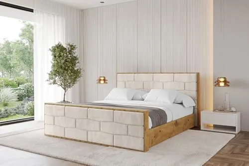 ALTDECOR Polsterbett mit Bettkasten, Fußteil und Lattenrost, Bett mit Matratze H3/H4, Kopfteil, Boxbett, Doppelbett mit Stauraum - AMEA-Z 200x200 Weiß Kunstleder