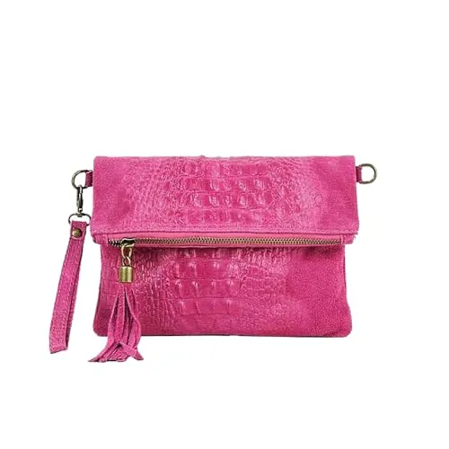 OBC Made in Italy Damen Clutch Tasche aus echtem Leder - Damen-Schultertaschen, vielseitig einsetzbar als Clutch oder Umhängetasche, mit Kroko-Prägung und Fransen für einen eleganten Look.