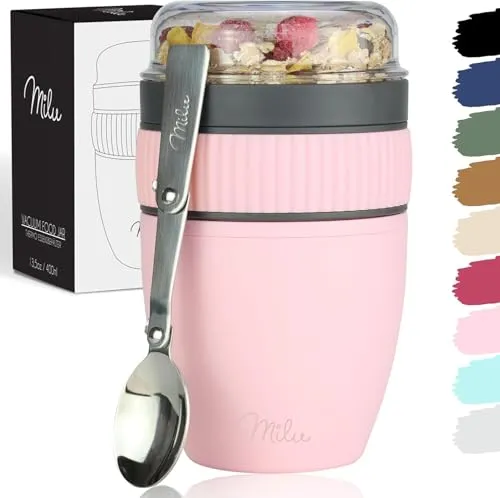 Produktbild Milu Müslibecher to go 400ml MüsliMax Plastik Joghurtbecher für Müsli I auslaufsicherer Becher mit Löffel für Yoghurt/Porridge (Rosa)
