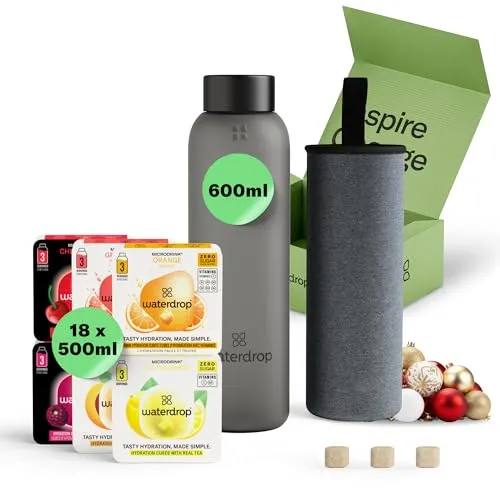 waterdrop® Glasflasche 600ml mit 18 zuckerfreien Drops - Trinkflaschen mit Microdrinks: Verwandeln Sie Ihr Wasser in ein fruchtiges Getränk mit Vitaminen – ideal für unterwegs und umweltfreundlich!