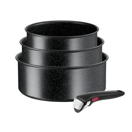 Tefal Ingenio Black Stone 4-tlg. Kasserollenset - Kasserollen-Set mit abnehmbarem Griff, platzsparend und ideal für alle Herdarten. Die langlebige Antihaftversiegelung ermöglicht fettfreies Kochen und einfache Reinigung.