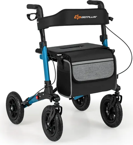 COSTWAY Rollator faltbar, 2in1 Rollstuhl & Reiserollator mit Sitz, Luftbereifung, Tasche & Stockhalter, Gehhilfe höhenverstellbar bis 140kg blau