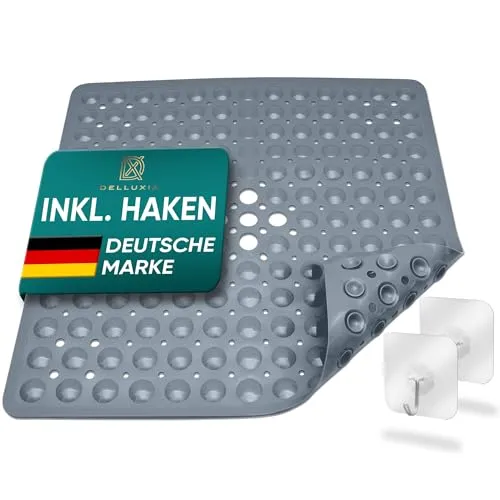 Delluxia Duschmatte rutschfest 53x53 cm, INKL. 2 Haken | Antirutschmatte Dusche Badematte schimmelresistent & maschinenwaschbar | Duscheinlage rutschfest, BPA frei & latexfrei | Dunkelgrau