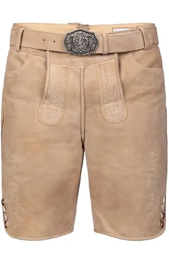 Edelnice Trachtenmode Kurze Wildbock Lederhose Balthasar - Trachtenlederhosen für Herren, aus edlem Wildbockleder mit dezenter Stickerei für elegante Anlässe. Inklusive Trachtengürtel mit Hirsch-Emblem und praktischer Messertasche.