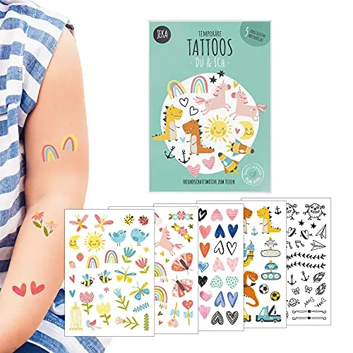 Hautfreundliche Kindertattoos zum Aufkleben - Motiv DU & ICH, Freundschaftstattoos, Kinder-Tattoo Set mit 5 Bögen, Tattoos Kinder, 100% Vegan und Hergestellt in Österreich, JEKA