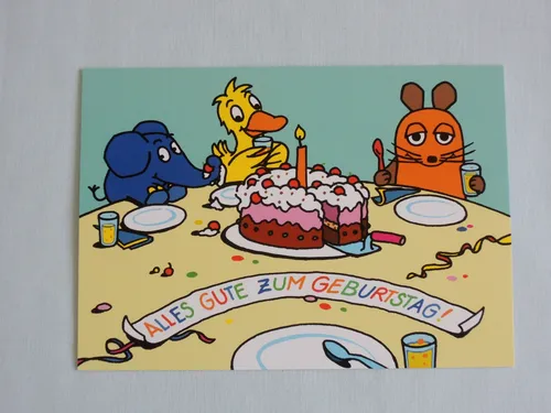 1x Postkarten Die Sendung mit der Maus DIE MAUS Elefant Ente Geburtstag TISCH