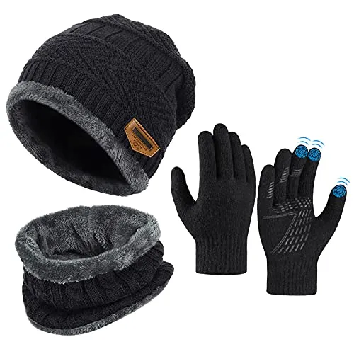 OOPOR Kinder Wintermütze Schal Touchscreen Handschuhe Set - Beanie Strickmütze Winterschal Thermo Fleecefutter Warme Knit Hut Loop Rutschfeste für Junge Mädch 5-10 Jahre
