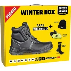 Safety Jogger Works PROMOARAS Sicherheitsschuh Set mit Beanie, Handschuhen und Socken - Sicherheitsschuhe für kalte Umgebungen, mit rutschfesten SRC-Sohlen und komfortablem antistatischem Fußbett. Ideal für Berufstätige, die Sicherheit und Wärme benötigen.