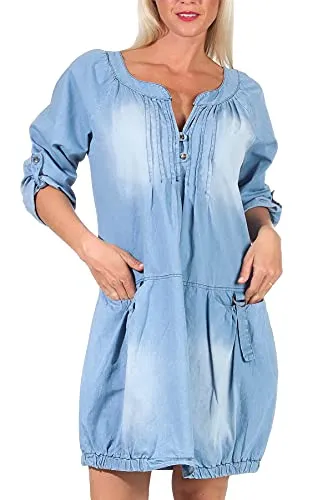 Malito – Langarm Jeanskleid Damen mit Taschen – Unisize Maxikleid für Sommer, Herbst & Winter – schickes Blusenkleid 6255 (Hellblau | Größe 36-42)