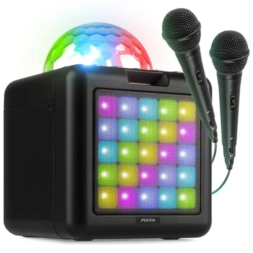 Fenton KAR15B Mobile Karaoke Maschine Kinder mit 2 Mikrofonen, Bluetooth, Akku, LED-Lichteffekte, Echo-Modi & AUX-Eingang - Tragbare Karaoke Box mit USB-C-Kabel, ideal für Partys & Duette - Schwarz