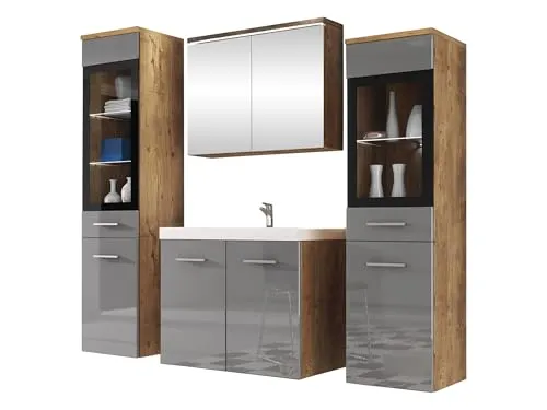 Mirjan24 Badmöbel Set Madrit II mit LED-Beleuchtung - Komplettprogramm für Badezimmer mit Waschbecken, Siphon, Spiegelschrank und Hochschrank. Stilvolle Kastanien Breslau/Grau Hochglanz-Oberfläche und energiesparende weiße LED-Beleuchtung für ein modernes Ambiente.