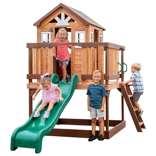 Backyard Discovery Spielhaus Echo Heights mit Rutsche, Sandkasten & Veranda - Spielhaus für Kinder mit Rutsche und Spielküche, aus hochwertigem witterungsbeständigem Zedernholz. Ideal für kreatives Spielen im eigenen Garten.