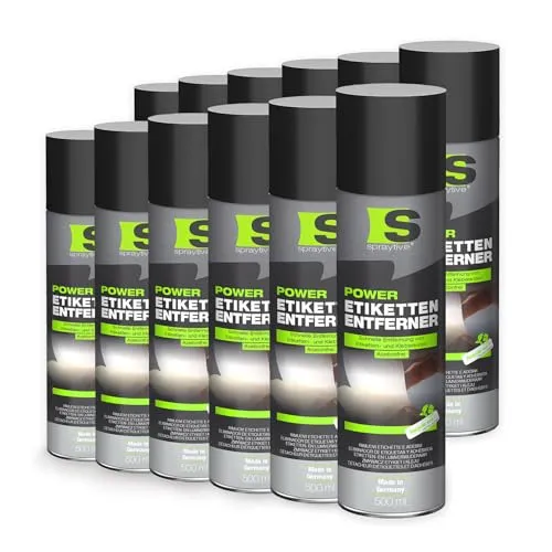 Spraytive Power Etikettenentferner 12 x 500ml – Acetonfrei und rückstandslos - Vielseitiger Klebereste-Entferner für Haushalt, Büro und Industrie. Entfernt mühelos Etiketten, Aufkleber und mehr von verschiedenen Oberflächen. Hergestellt in Deutschland – für eine gründliche und schonende Reinigung ohne Rückstände.