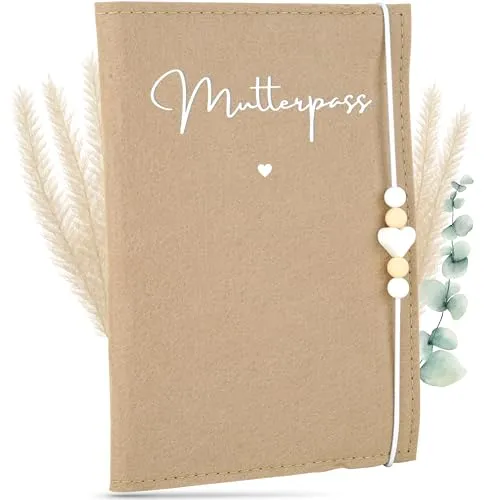 MAHEWA® Premium Mutterpasshülle aus Filz für den deutschen Mutterpass - mit Fach für Ultraschallbilder und Kärtchen - Schutzhülle (Beige, Mutterpasshülle