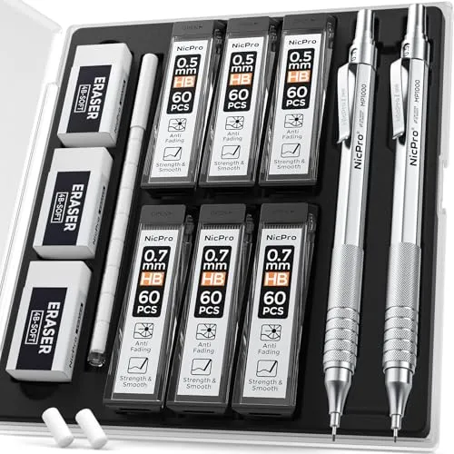 Nicpro 2 Stücke Druckbleistifte Set mit Etui, Automatische Metall Mechanische Bleistifte 0,5 mm und 0,7 mm, 4 Stücke HB Bleistiftminen, 2 Radiergummis für Schreiben, Engineering Zeichnen, Skizzieren