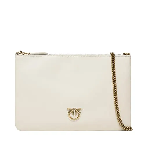Pinko Damen Flat Classic Vitello Seta Tasche - Elegante Umhängetasche aus weichem Leder und Seide, personalisierbar mit Love Birds Diamond Cut-Plakette. Ideal für stilbewusste Frauen.