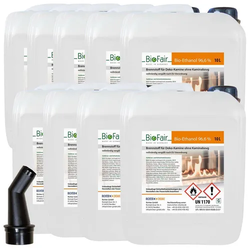 BioFair® Bioethanol 96,6% im 10-Liter-Kanister für Ethanol-Kamine (9x10L) 90
