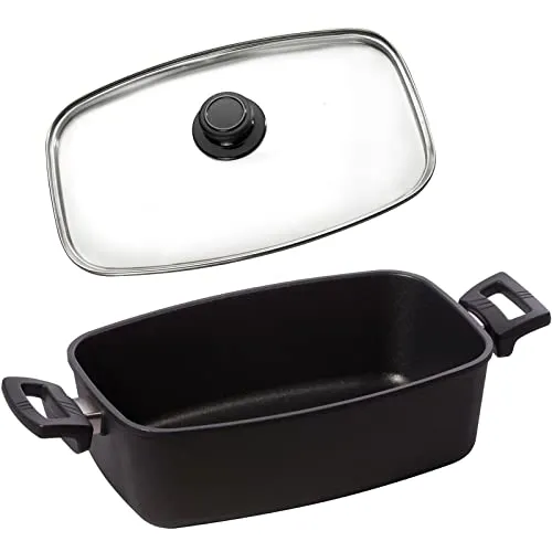 Eurolux Guss-Bräter Set mit Glasdeckel (Edelstahlrand) 33 x 22 cm - kleiner ofenfester Universal-Multibräter mit Antihaft-Beschichtung - 5.0 Liter - ohne Induktion - Made in Germany