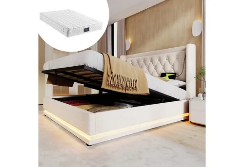 Stilvora Polsterbett Beige 140x200 cm mit Stauraum - Kompaktes Polsterbett für Schlafzimmer mit integriertem Stauraum, ideal für Stadtwohnungen. USB-Anschlüsse und LED-Beleuchtung bieten praktischen Komfort für den Alltag. Maße: 200 × 140 cm.