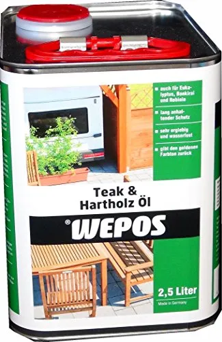WEPOS Teak & Hartholz Öl, 2,5 l - Optimaler Schutz für Ihre Gartenmöbel - Farben & Lacke: WEPOS Teak & Hartholz Öl bietet hervorragenden Schutz vor Witterungseinflüssen und Pilzbefall. Ideal für hochwertige Teak- und Hartholzflächen im Außenbereich, frisch und glänzend!