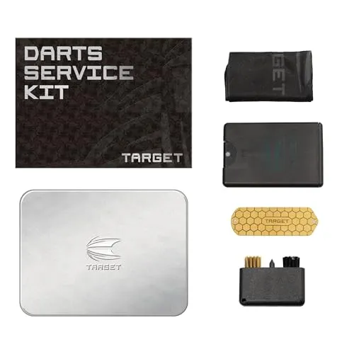 Target Darts Service Kit, Steel Tip Dart Metal Point Sharpener, Doppelseitige Reinigungsbürste, Sprühflasche mit Reinigungslösung, Flanell-Reinigungstuch und Aufbewahrungsdose, Dart-Geschenk