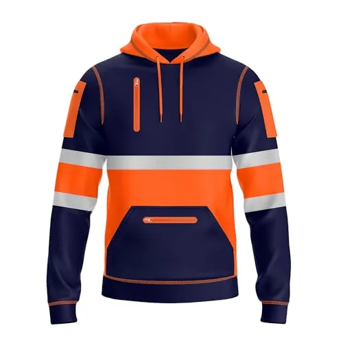 NOROZE Herren Hi-Viz Kapuzenpullover Grau Reflektierendes Band Hohe Sichtbarkeit Sicherheit Mantel mit 4 Reißverschluss Taschen Sweatshirt Jacke (M, Stil 2: Neonorange/Marine)