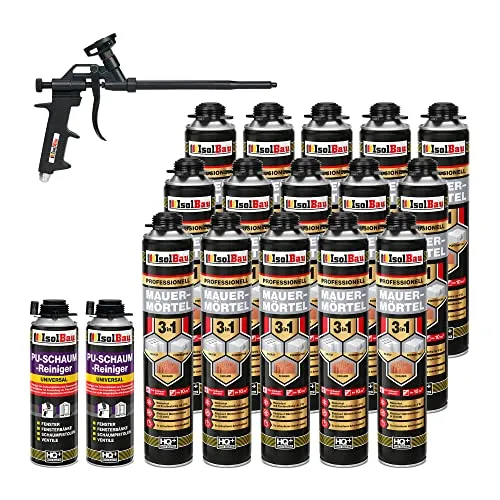 Isolbau Mauermörtel Set: 15x 750 ml PU-Mörtel 2x 500 ml Pistolenreiniger 1x Teflon Schaumpistole, PU-Reiniger, Montageschaum, Pistolenschaum