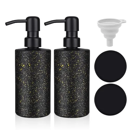MOQAE Moderner Seifenspender Glas, 350ml Duschgel Spender Mit Pumpe Aus Edelstahl, Shampoo Flaschen Zum Befüllen, Soap Dispenser Mit Untersetzer Und Trichter,Handseifenspender Mit Matt Schwarzem Pumpe